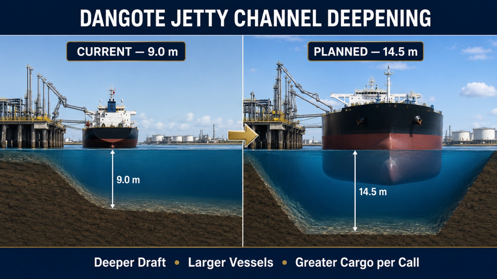 Channel depth comparison, 9.0 metres today versus a planned 14.5 metres