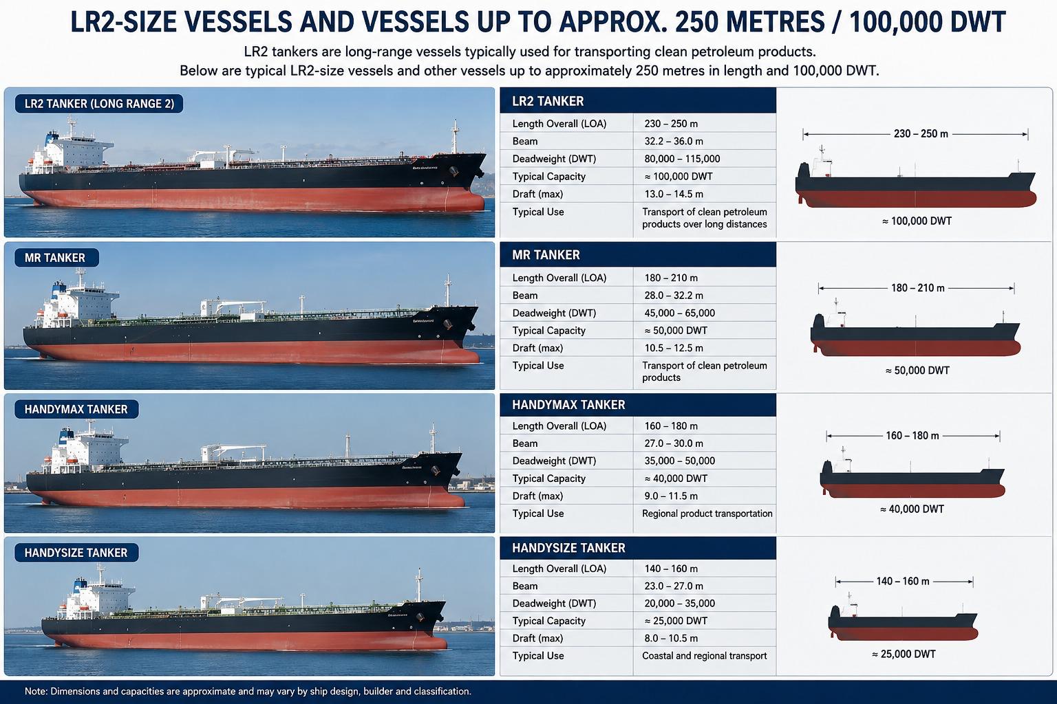 Comparison of LR2, MR, Handymax and Handysize tanker dimensions